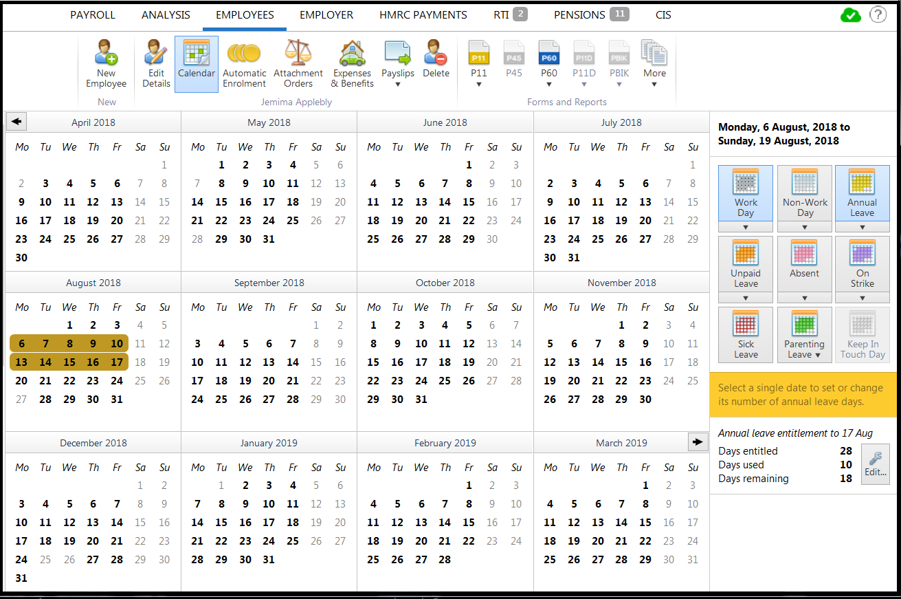 Recording Annual Leave on the Calendar - BrightPay ...